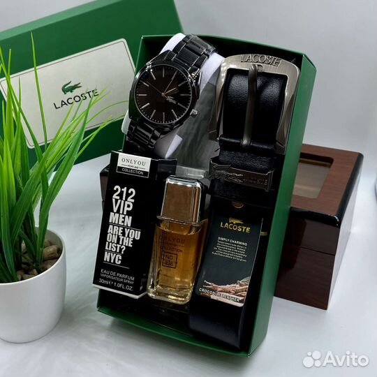 Подарочный набор мужской Lacoste,часы,ремень,духи
