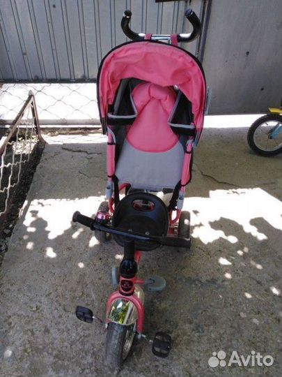Детский велосипед коляска с ручкой розовый