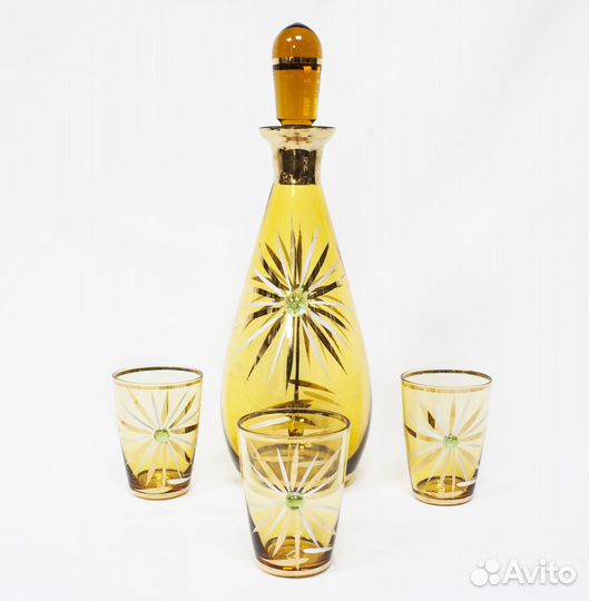 Набор Графин и три рюмки, жёлтое стекло, Богемия