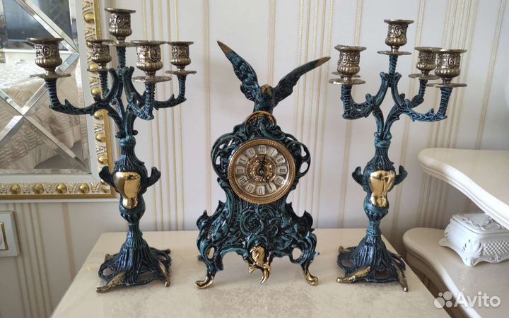 Часы каминные с конделябрами бронза