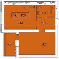 1-к. квартира, 47,3 м², 9/9 эт.