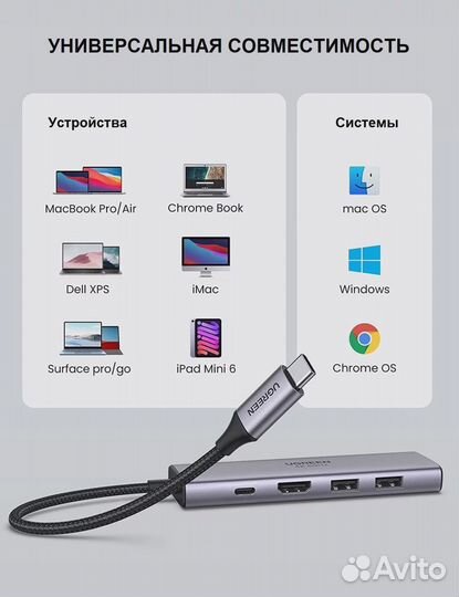 Ugreen 6 в 1 (хаб), 2 х USB 3.0/hdmi/SD/TF/PD