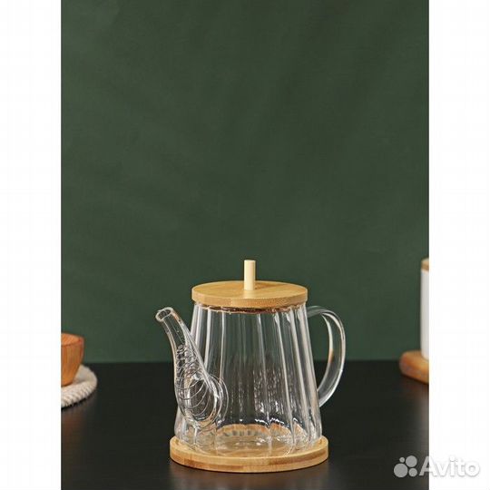 Чайник стеклянный заварочный с бамбуковой крышкой
