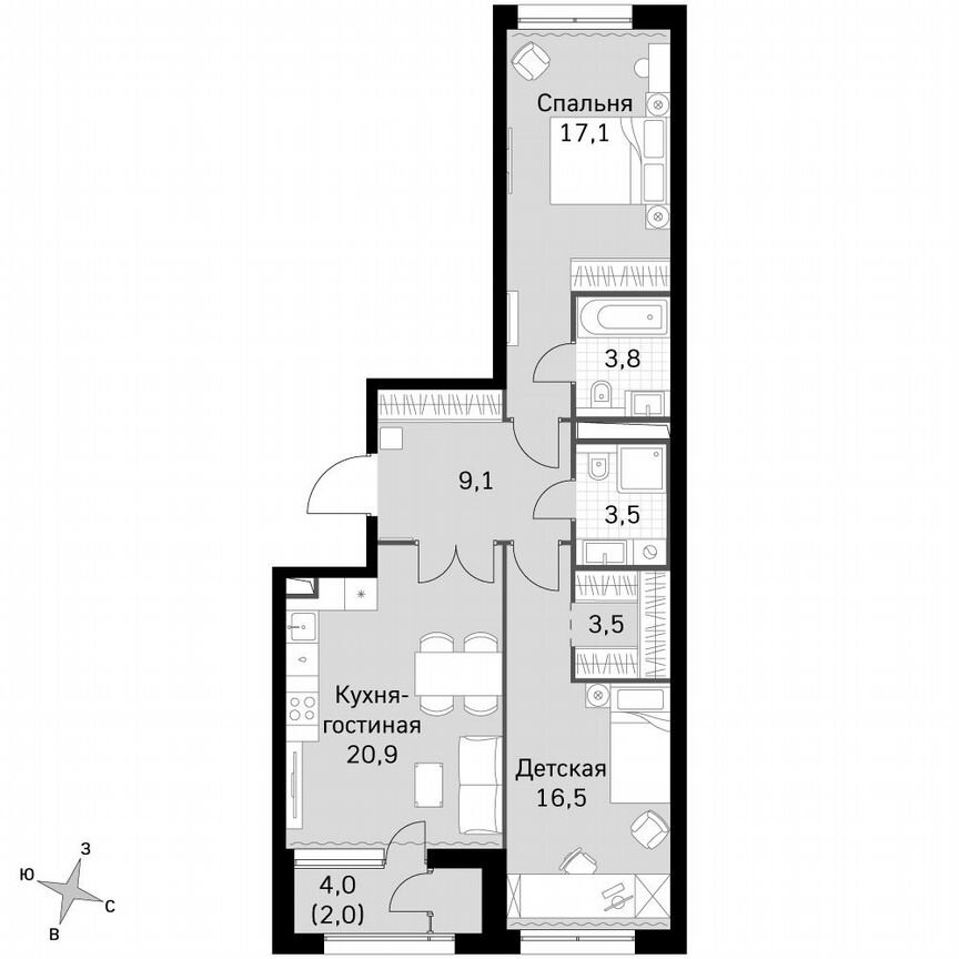 2-к. квартира, 76,6 м², 15/15 эт.
