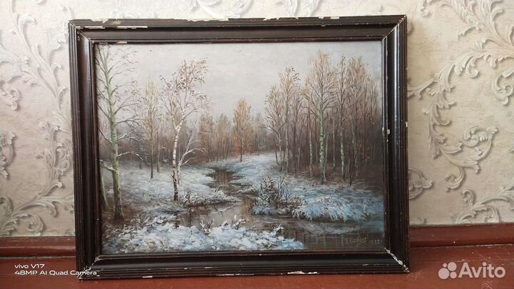 Картина маслом 1982г Первый снег