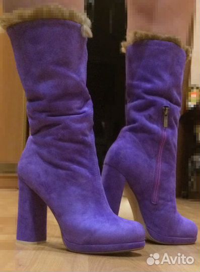 Сапоги замшевые фиолетовые (мех кролика)