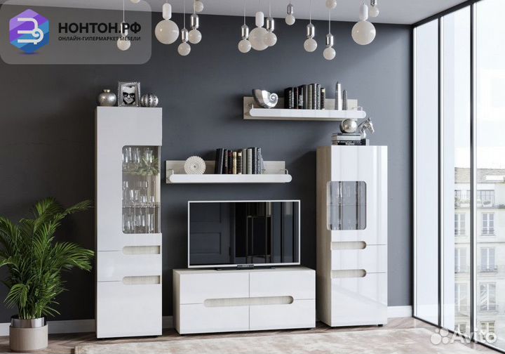 Стенка Палермо-3 ясень шимо светлый / белый глянец