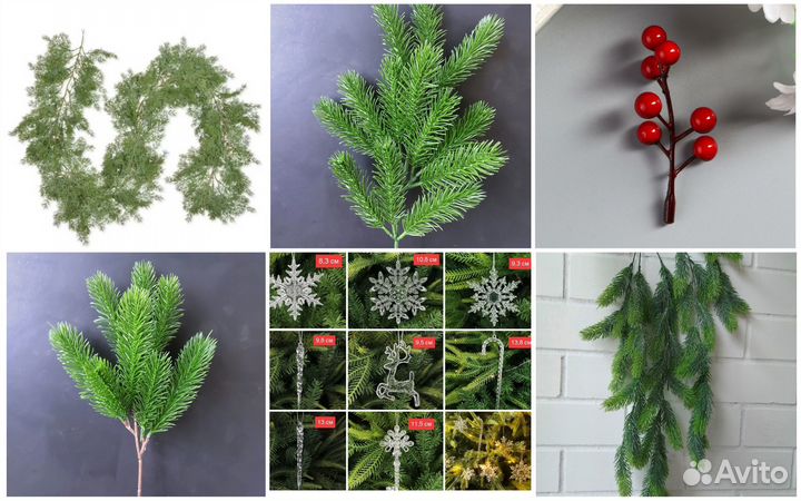 Искусственные елочные ветки и новогодний декор