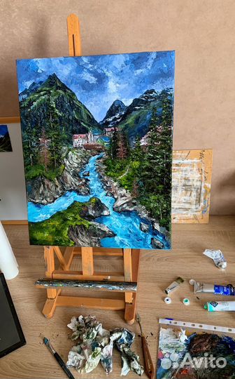 Картина Домбай горная река пейзаж Кавказа 40*50 см