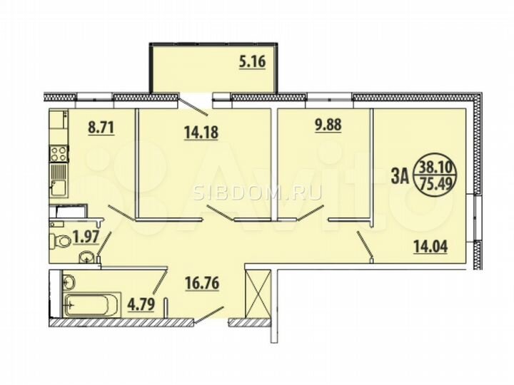 3-к. квартира, 75,3 м², 17/17 эт.
