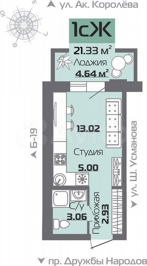 1-к. квартира, 21,6 м², 16/19 эт.