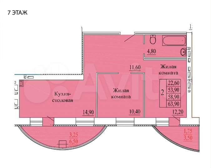 2-к. квартира, 64 м², 7/9 эт.