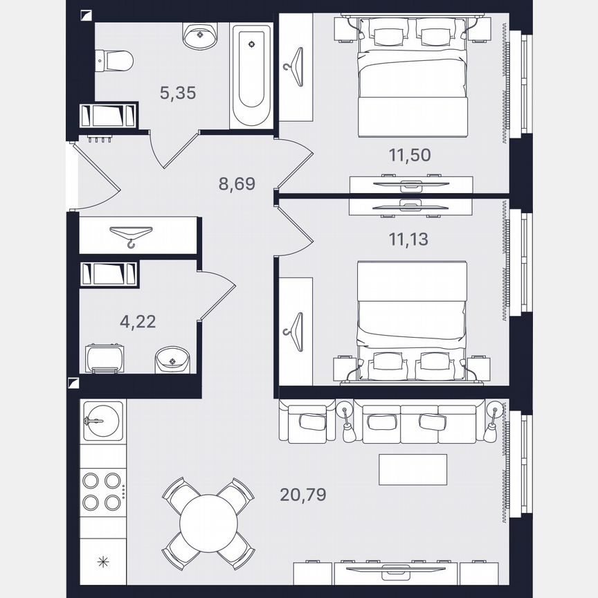 3-к. апартаменты, 61,7 м², 6/24 эт.