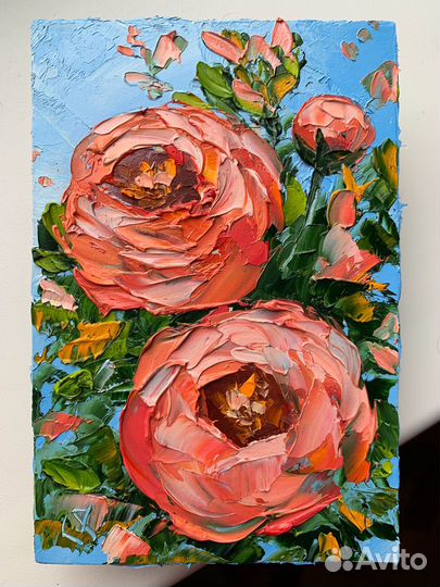 Картина маслом букет пионов цветочный пейзаж