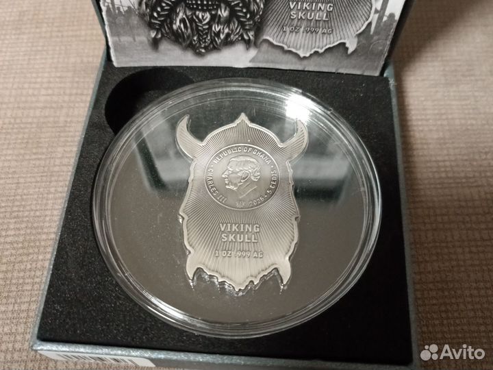 2025 Гана Череп Викинга серебро унция антик