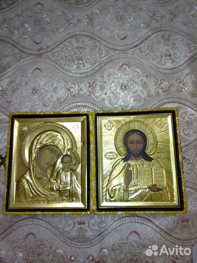 Икона новая,складень,парча