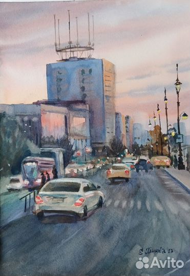 Акварель Вечерний город