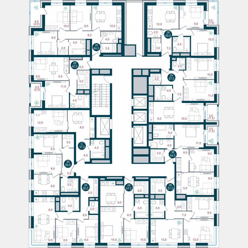 2-к. квартира, 51 м², 30/32 эт.