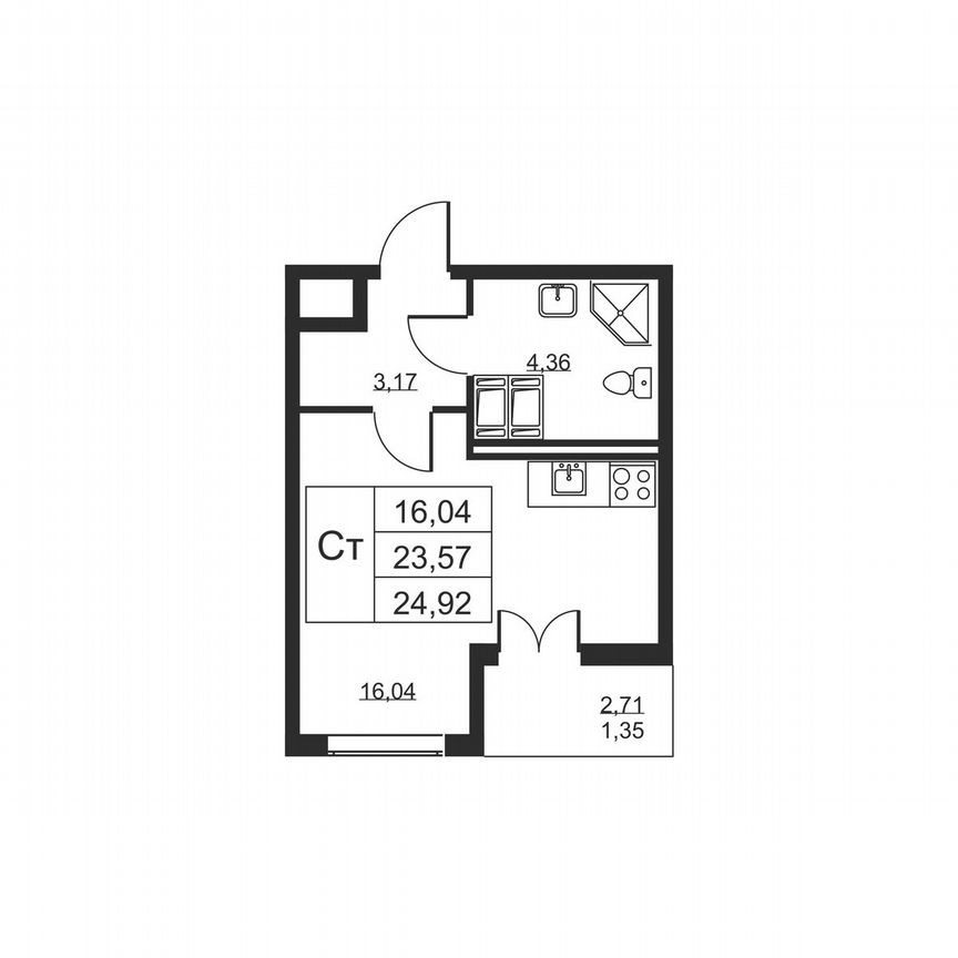 Квартира-студия, 24,9 м², 18/19 эт.