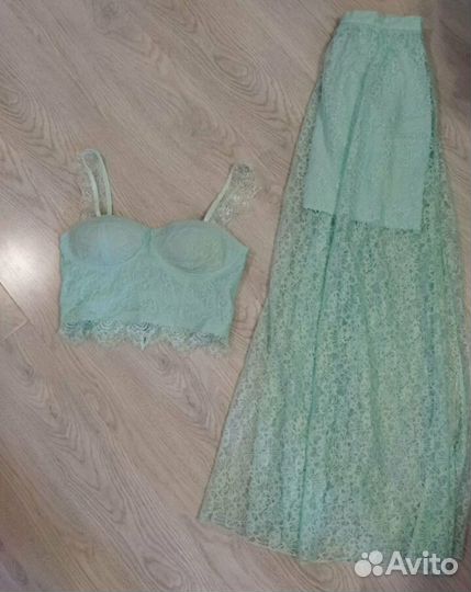 Бирюзовый ажурный комплект, мятный костюм 40 42