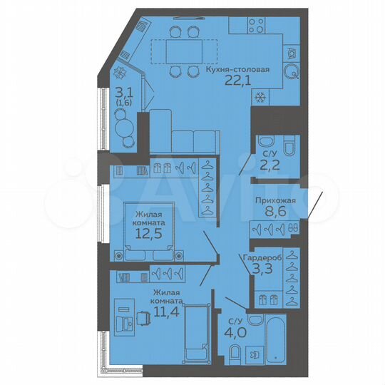 2-к. квартира, 65,7 м², 13/25 эт.