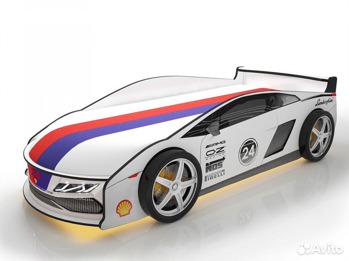 Кровать-машина Ламба Белая с колесами (2шт.), с по