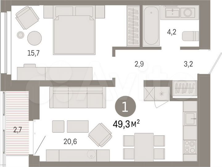 1-к. квартира, 49,3 м², 5/17 эт.