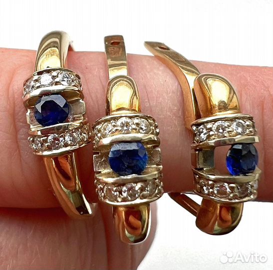 Золотое кольцо и серьги с бриллиантами и сапфиром