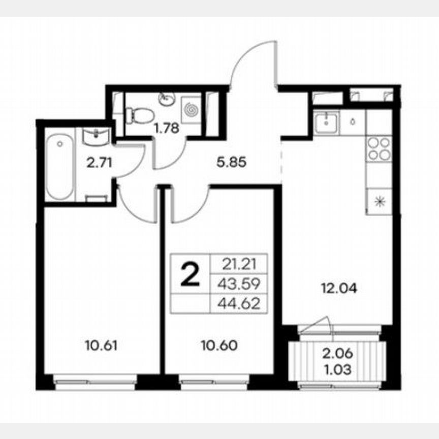 2-к. квартира, 44,6 м², 6/9 эт.