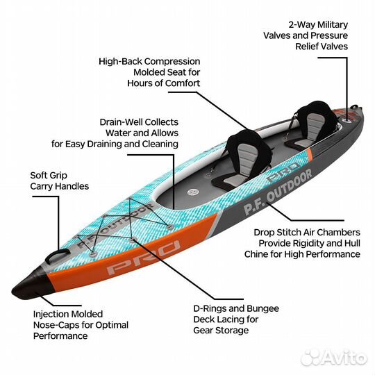 Каяк надувной двухместный с веслами P.F. Outdoor T