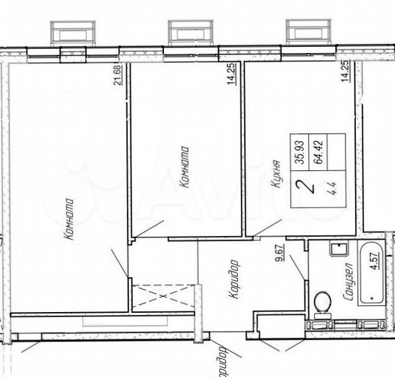 2-к. квартира, 64,4 м², 8/16 эт.