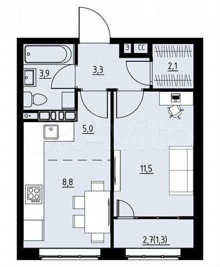 2-к. квартира, 35,9 м², 1/4 эт.