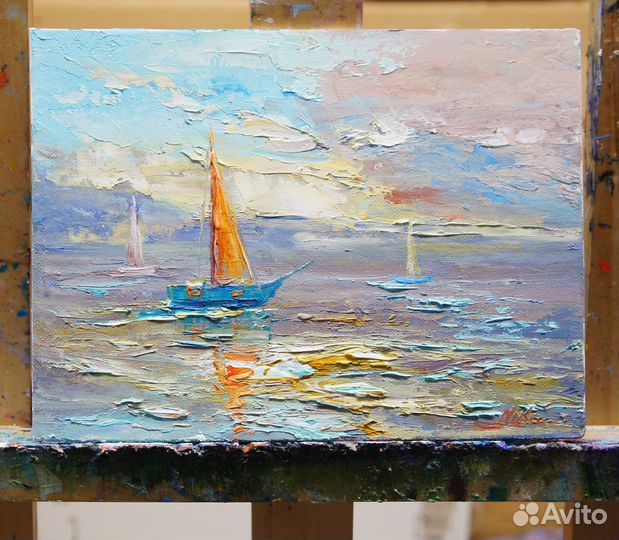 Картина маслом, Морской пейзаж с яхтами, 18х24 см