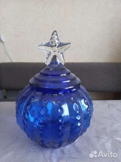Ваза салатница конфетница цветное синее стекло