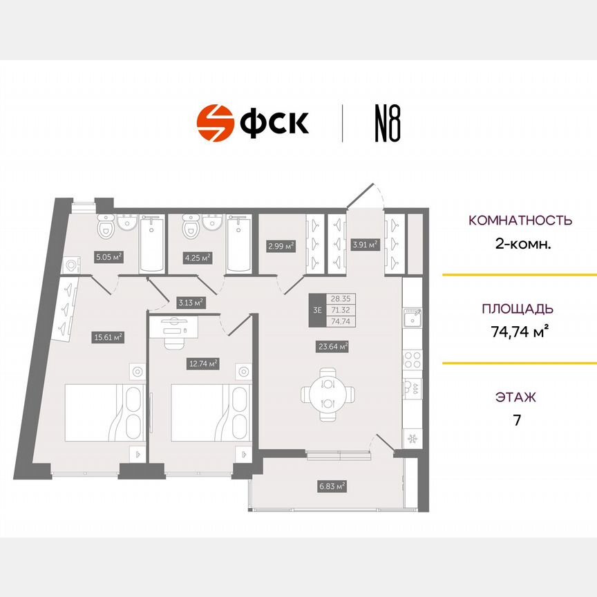 2-к. квартира, 74,7 м², 7/10 эт.