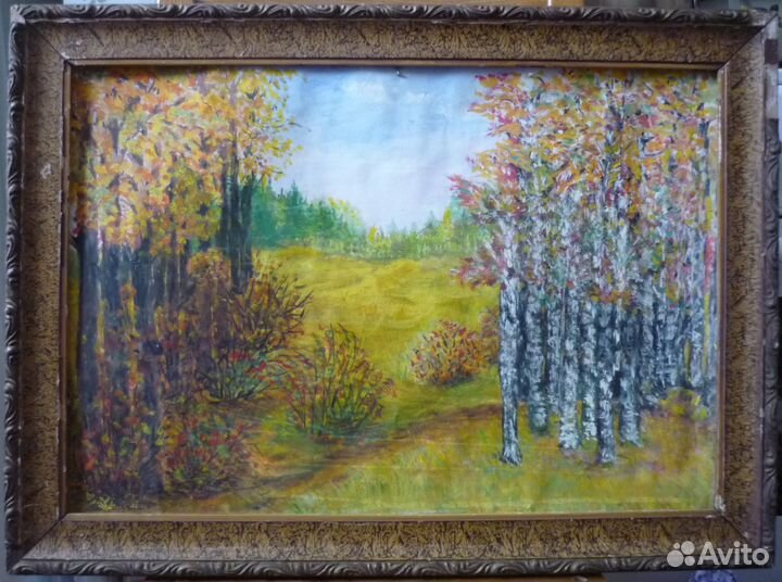 Старая акварель в деревянной раме. Середина 20 век