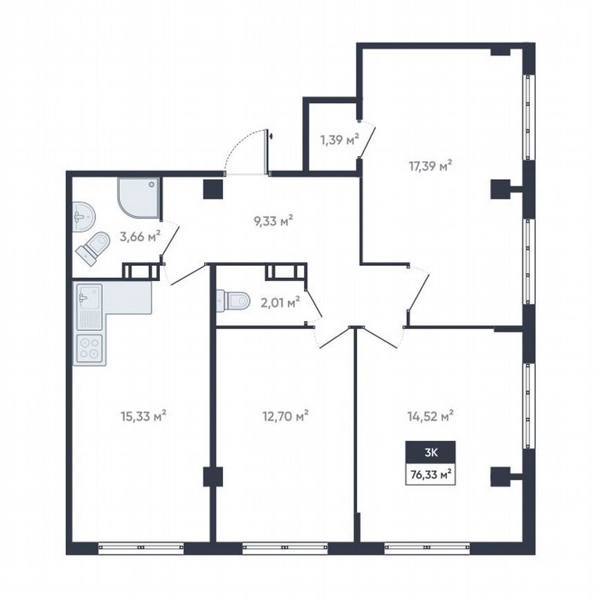 3-к. квартира, 77,4 м², 15/18 эт.