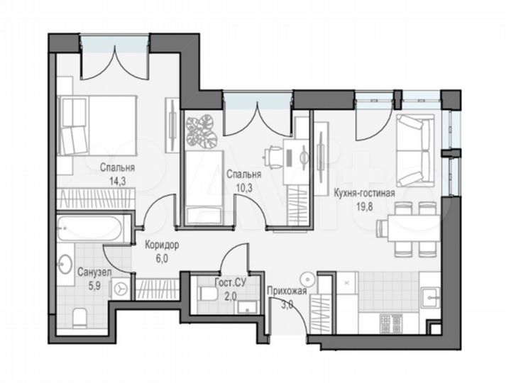2-к. квартира, 60,9 м², 18/21 эт.