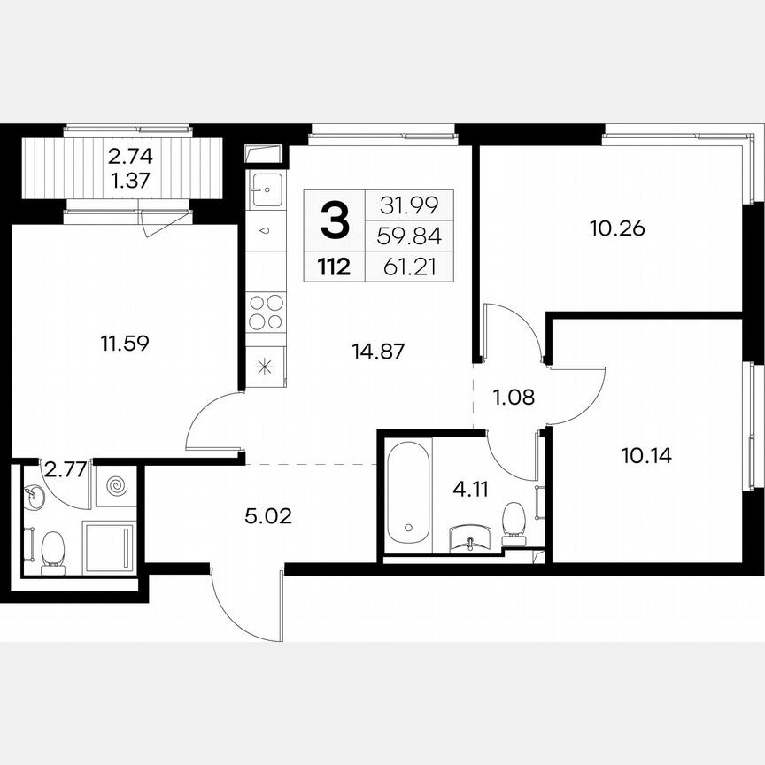 3-к. квартира, 61,2 м², 9/12 эт.