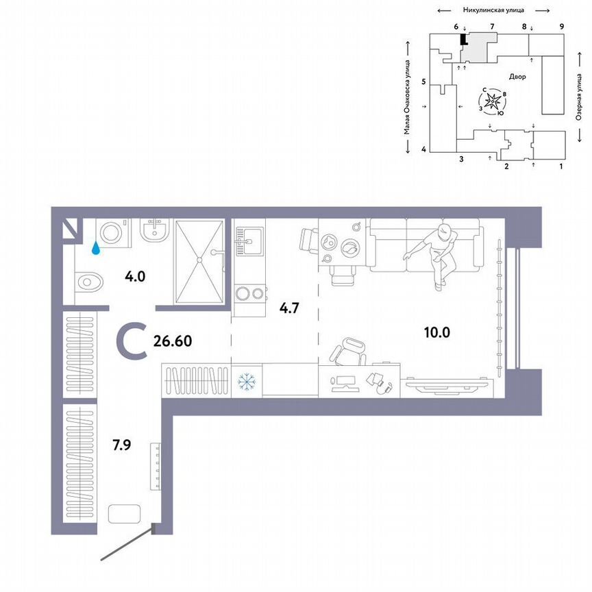 Квартира-студия, 26,6 м², 9/30 эт.