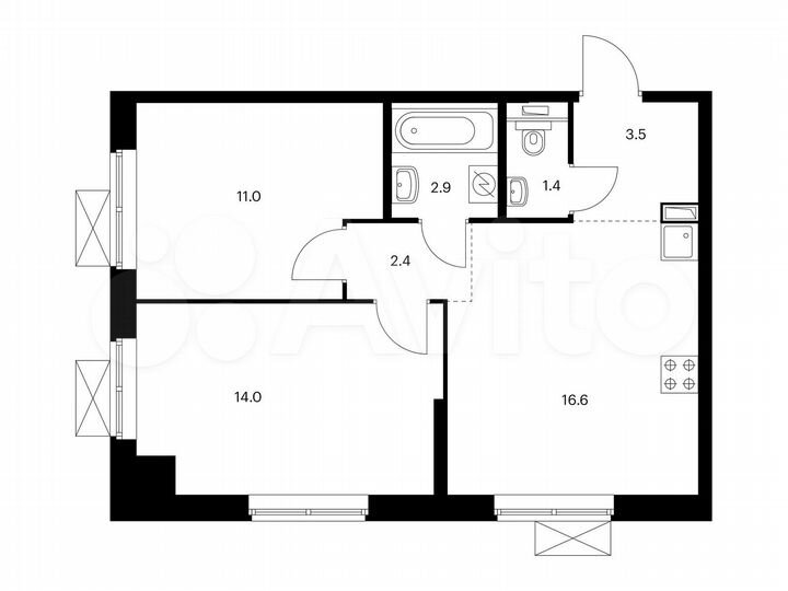 2-к. апартаменты, 51,8 м², 13/21 эт.