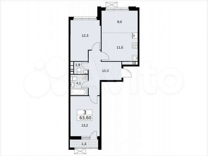 3-к. квартира, 63,6 м², 11/16 эт.