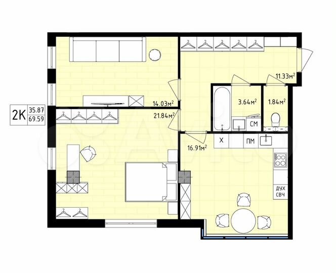 2-к. квартира, 69,6 м², 13/16 эт.