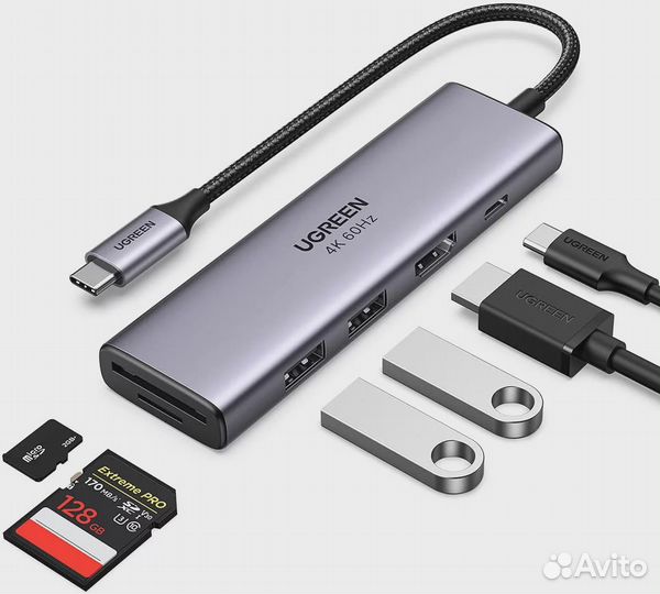Ugreen 6 в 1 (хаб), 2 х USB 3.0/hdmi/SD/TF/PD