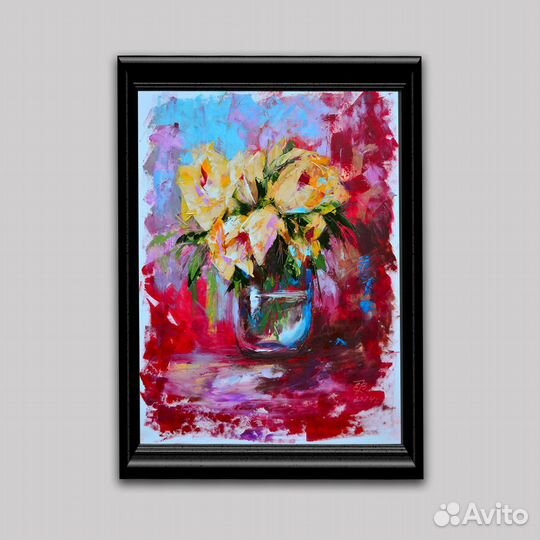 Картина маслом Цветы на красном