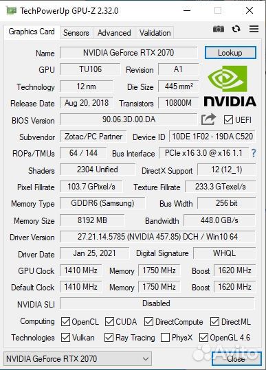 Lenovo nVidia GeForce RTX 2070 8Gb gddr6