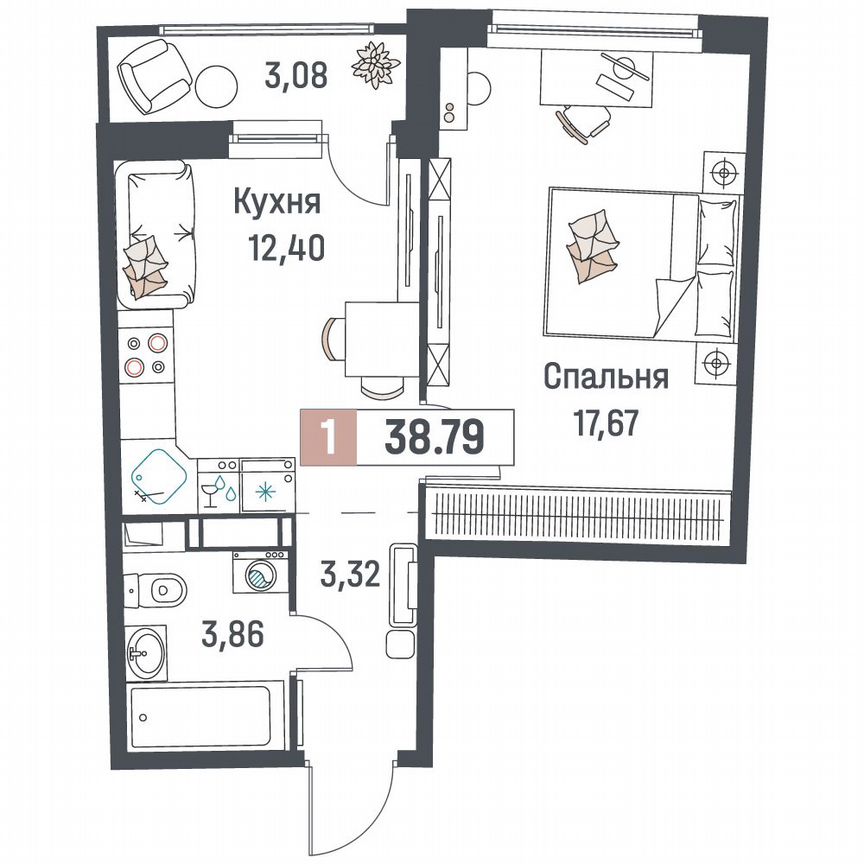 1-к. квартира, 38,8 м², 5/18 эт.