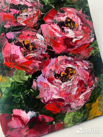 Картина маслом букет цветов красные пионы пейзаж