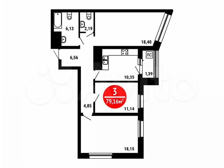 3-к. квартира, 79,2 м², 23/25 эт.