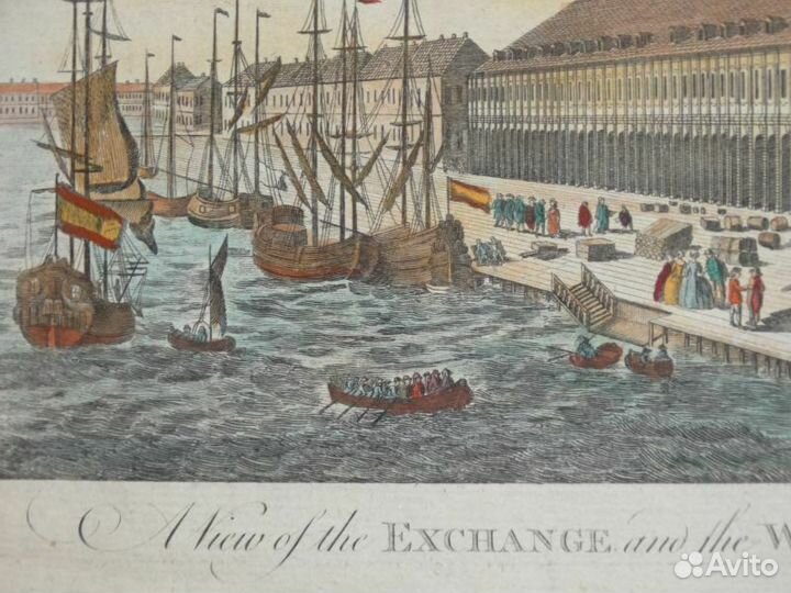 Старинная гравюра Вид Биржи и Гостиного двора 1770
